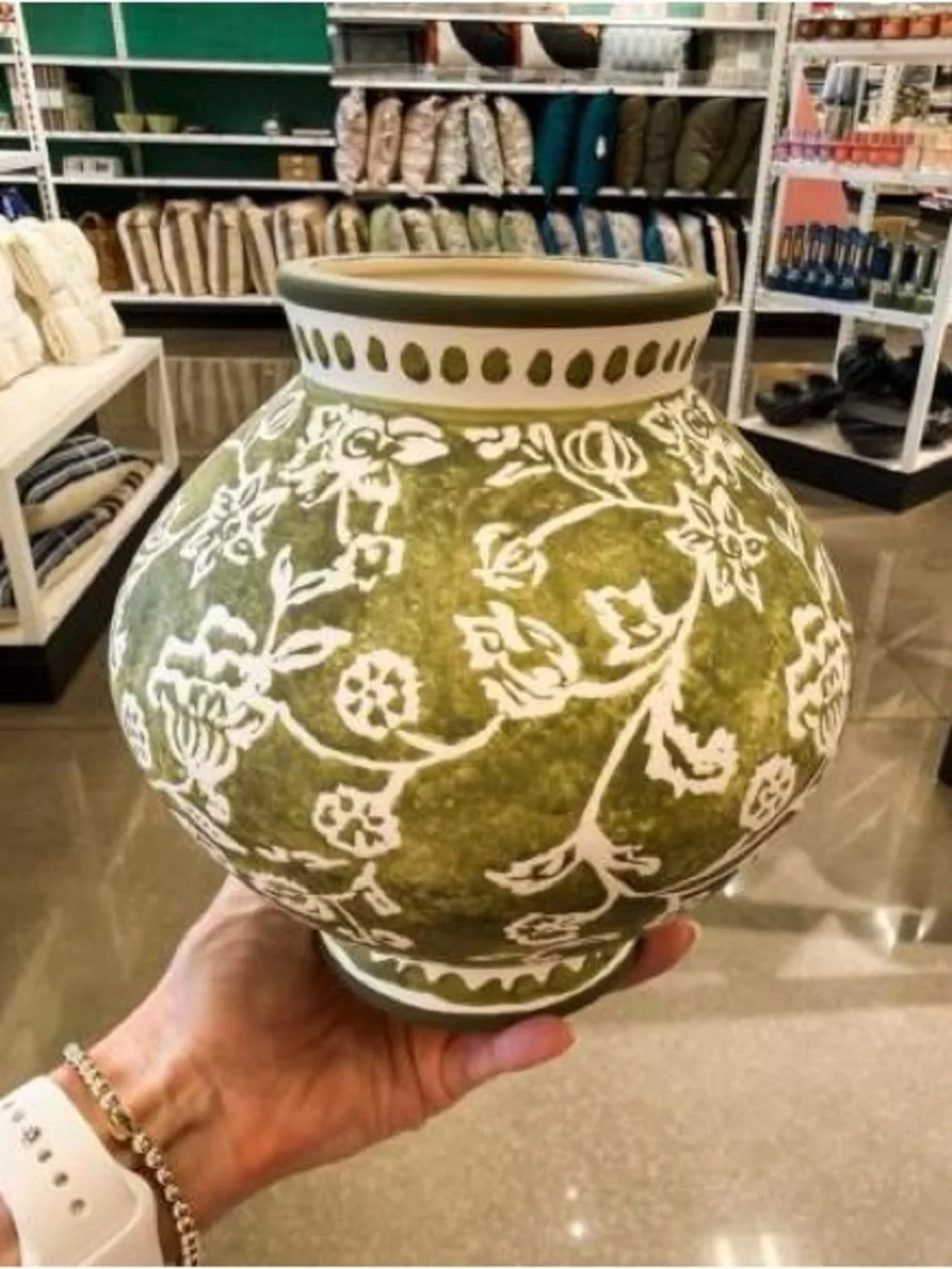 ✨Short Floral Painted Ceramic Vase Green - Threshold™